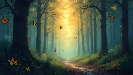 Fantasy forest path through trees in sunlight with butterflies, enchanted landscape, digital painting