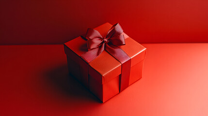 Obraz premium Radiant Gift Box: A captivating red gift box, adorned with a matching ribbon and bow, sits center stage, illuminated against a gradient of crimson hues, symbolizing celebration.