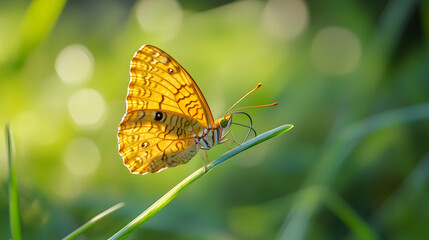 Obraz premium Vibrant Butterfly Perched on Green Grass with Soft Background Glow