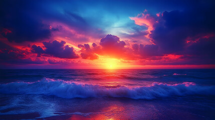 Fototapeta premium Vibrant Sunset Over Ocean Waves with Colorful Sky and Clouds