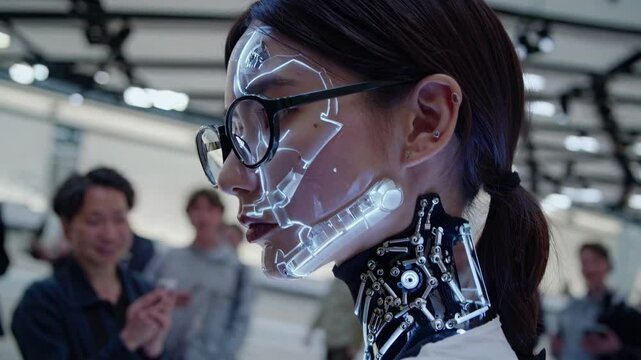 Close-up angle of a futuristic video concept featuring a person with digital circuit patterns on their face, blending technology and fashion.