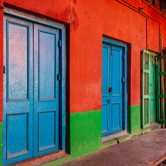 Asia, India, West Bengal, Kolkata. Colorful walls and doors.