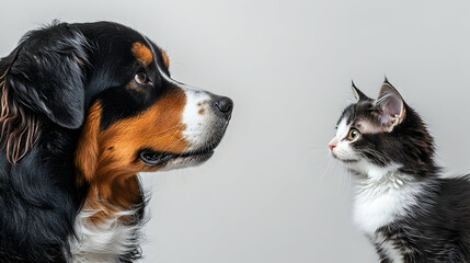 Friendly Dog and Cat Face-to-Face Interaction on Gray Background