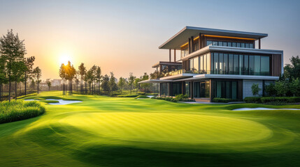 Scarpa modern villa architecture design by green grass field and blue sky background