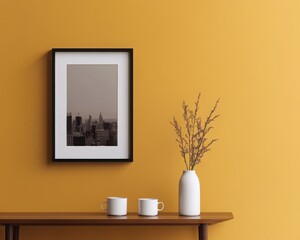 Luxurious Minimalism: A contemporary, cozy living room with a color palette of deep mustard yellow and soft browns. 