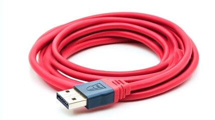 Red USB Cable Isolated on White Background for Technology Use