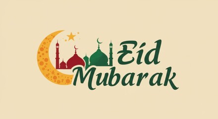 displays the text "Eid Mubarak" in a decorative font, with a mosque and a crescent moon incorporated into the design.