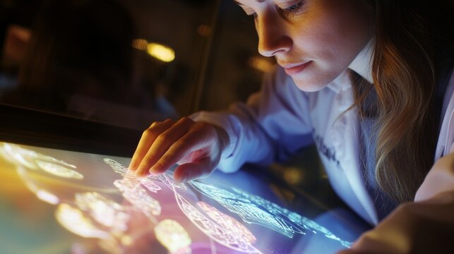 Researcher Examining DNA Strands on Digital Touchscreen Display