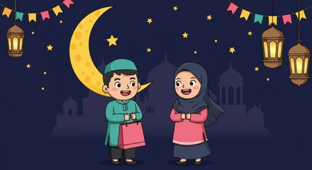 Naklejka premium a cheerful illustration of two people, likely a child and an adult, celebrating Eid.
