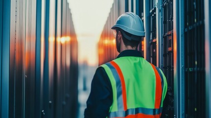 Technician in Safety Vest Inspecting High-Tech Equipment at Sunset