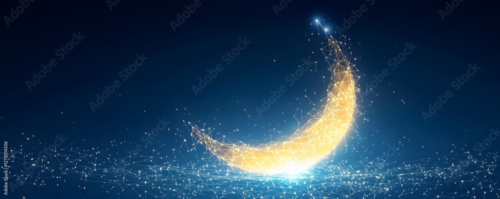 Wall mural crescent moon constructed from glowing golden lines and points