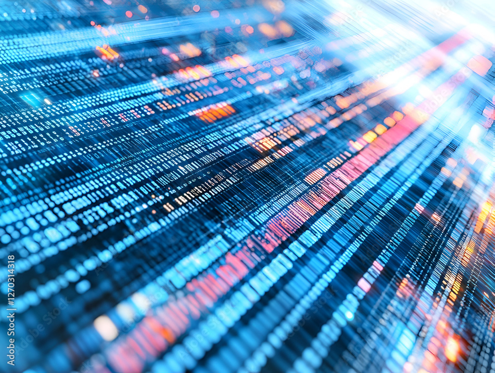 Poster digital data stream: an abstract representation of a digital data stream, with lines of code and bri