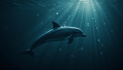 Obraz premium Dolphin Swimming Underwater with Sun Rays Streaming Through the Water