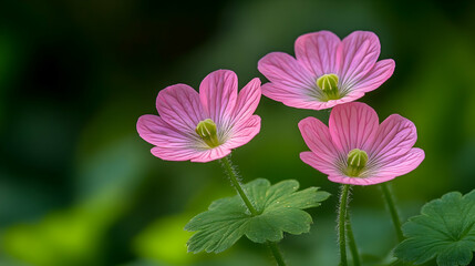 Fototapeta premium Delicate Pink Flowers with Green Leaves Against Dark Background