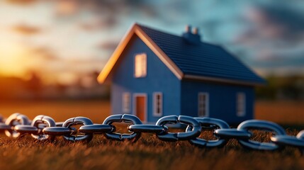 Blue House Surrounded By Large Metal Chains on a Grassy Field During Sunset