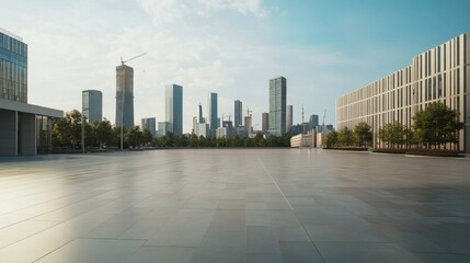 A spacious plaza with a distant skyline. Featuring growth and serenity