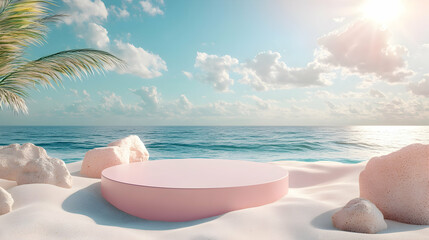 Summer beach podium display for products with sand, sea, and cosmetic presentation platform under the sun and blue sky16:9 - Image #1 @Celeste
