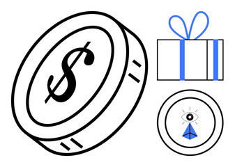 Obraz premium Dollar coin representing money, gift box with ribbon symbolizing celebration, eye with paper plane for vision or innovation. Ideal for financial services, marketing, gift packaging, vision
