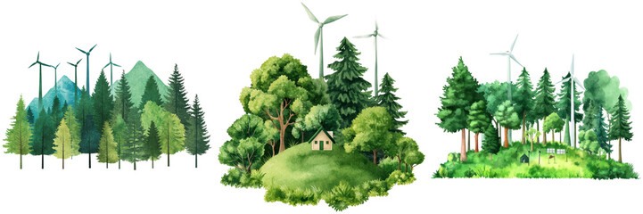 Lush Green Forests with Wind Turbines and Scenic Landscapes