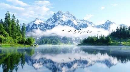 Fototapeta premium Birds fly over serene mountain lake