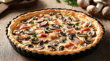 Savory Mushroom Tart with Bacon and Fresh Herbs on Rustic Table