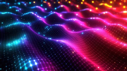 Obraz premium A vibrant and dynamic digital wave pattern showcasing a spectrum of colors including blue, pink, and orange, creating a sense of motion and depth, ideal for backgrounds and abstract designs