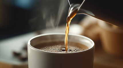 Hot steaming coffee pouring into white mug from coffee pot