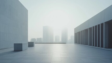 A minimalist city plaza with a skyline under soft morning light. Featuring freshness and clarity
