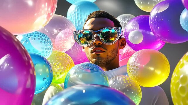 Man Surrounded by Colorful Balloons in a Dreamlike Setting
