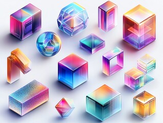 Colorful Abstract Glass Objects Holographic Design on White Background