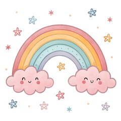 Cute rainbow with clouds and stars illustration on a white background.
