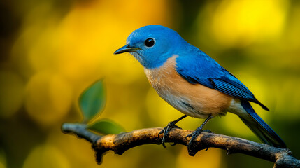 Obraz premium Vibrant Small Blue Bird Perched on Branch in Natural Habitat