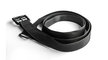 Obraz premium A simple and distinct belt is prominently displayed all alone on a clean, expansive white background. The belt's design, texture, and details are clearly visible, making it a focal point. This unclutt