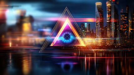Futuristic cybernetic eye implant concept with vibrant city skyline, symbolizing vision restoration and advanced technology. blend of colors and shapes creates dynamic atmosphere