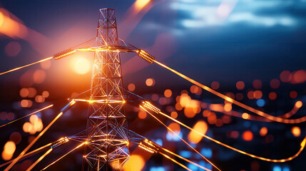 futuristic energy grid with glowing power lines and transmission tower, showcasing advanced technology and dynamic energy flow. scene evokes sense of innovation and progress