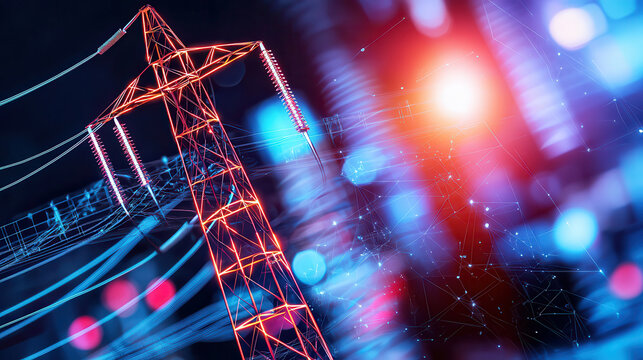 futuristic energy grid with power tower, showcasing dynamic balance and advanced technology. vibrant colors and digital elements create sense of innovation and progress