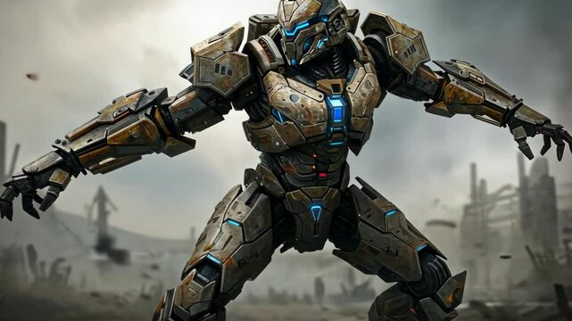 Powerful Futuristic Robot In A Destroyed City
