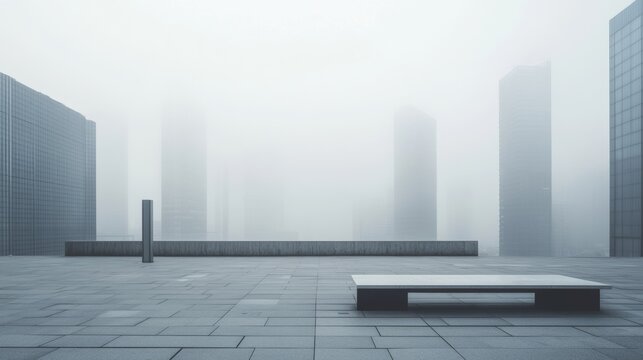A minimalist urban plaza with a skyline under misty skies. Featuring calm and mystery