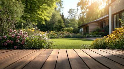 Serene Garden View with Wooden Deck and Vibrant Flower Beds