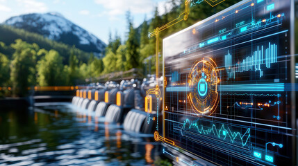 next gen hydroelectric plant utilizing AI technology for water forecasting, showcasing digital interface with data visualization against scenic mountain backdrop