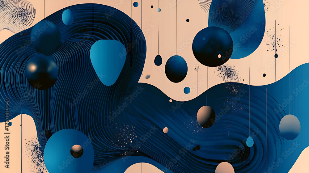 Poster abstract fluid design: an abstract art piece features a flow of fluid shapes in varying shades of bl