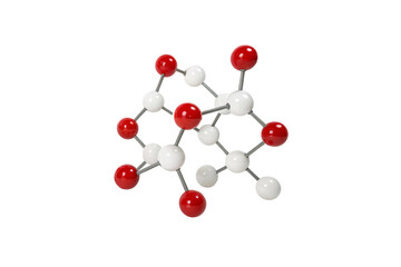 A 3D molecular model with glossy red and white spheres connected by gray rods, illustrating a complex chemical compound in a scientific visualization, isolated on a transparent background