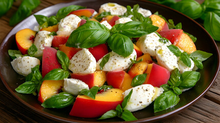 Fresh Peach Mozzarella Salad with Basil Garnish on Wooden Table