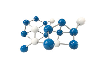 A blue and white molecular structure with interconnected hexagonal and pentagonal rings. The complex bonding suggests a material like graphene oxide, isolated on a transparent background