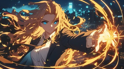 Obraz premium A beautiful woman with long blonde hair and blue eyes, wearing a white shirt under a navy blazer. She is casting magic, creating an energy field around her right hand, Generative AI