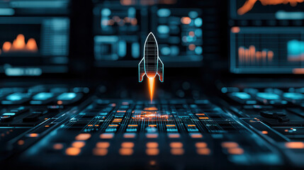 futuristic dashboard displays holographic rocket launching, symbolizing business growth and innovation. vibrant blue and orange colors enhance dynamic atmosphere