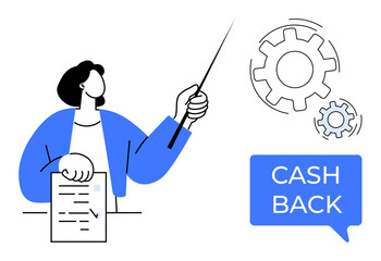 Businessperson with blue jacket holding paper, pointing at gears, explaining process. Blue speech bubble with CASH BACK. Ideal for business, finance, rewards, teaching, process elucidation financial