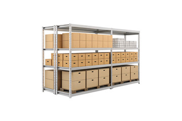 A heavy-duty shelving unit with rows of packed boxes, some placed on wooden pallets, showcasing an organized supply chain or archival storage system, isolated on a transparent background