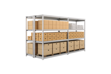 A heavy-duty shelving unit with rows of packed boxes, some placed on wooden pallets, showcasing an organized supply chain or archival storage system, isolated on a transparent background