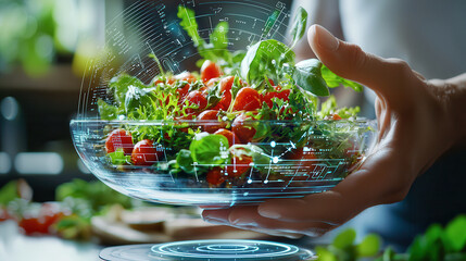 hand holding futuristic bowl of fresh salad with digital elements representing personalized nutrition. vibrant greens and reds create healthy and innovative meal display